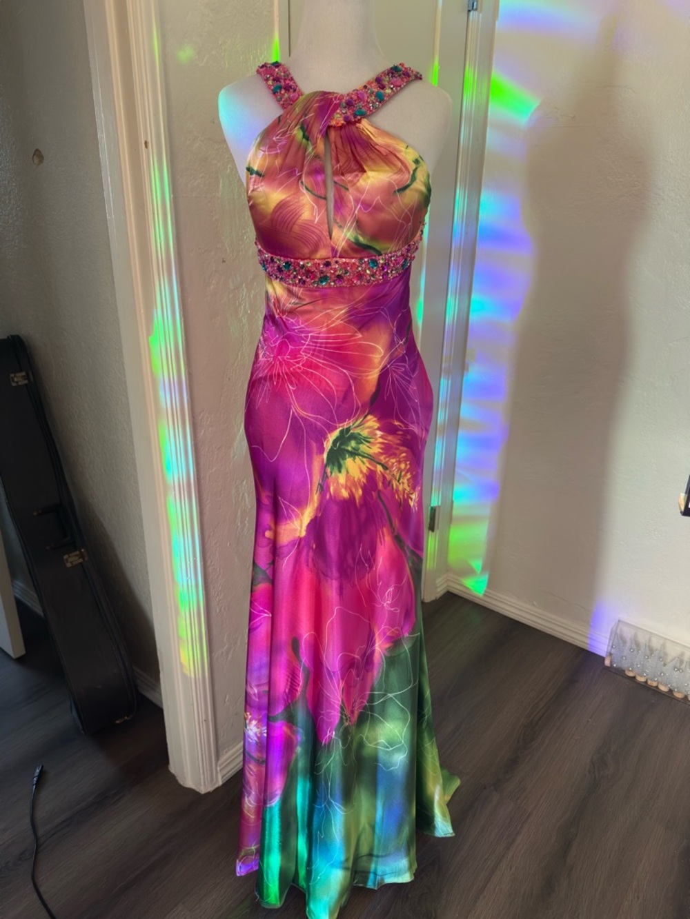 Halter Floral Satin Evening Gown in Fuchsia & Green Open Back Wedding Guest